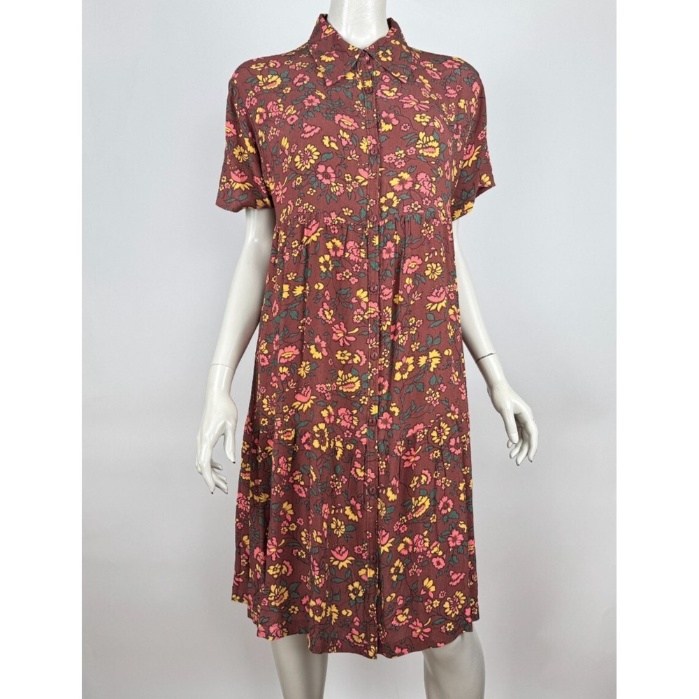 Brixton Beauford Dress Women L EUC $150 Button-up Short Sleeve Collared Floral